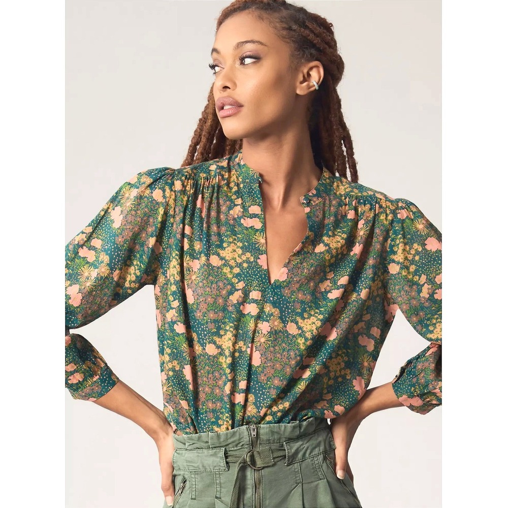 Birds of Paradis by Trovata Bailey Blouse Woodbine Cluster Floral Ramie Cotton